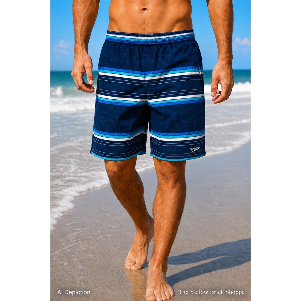 Speedo Swim Trunks Men's Medium Blue Striped‎ Lined Swim Shorts